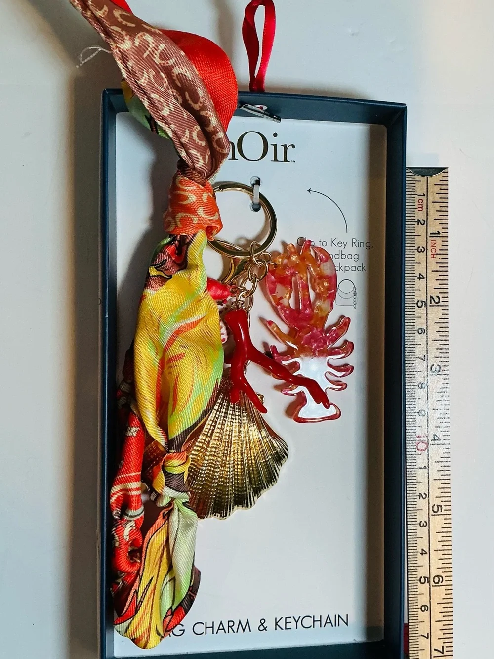 * nOir Red Gold Shell, Lobster & Crab Bag Charm with Multicolor Scarf Tie